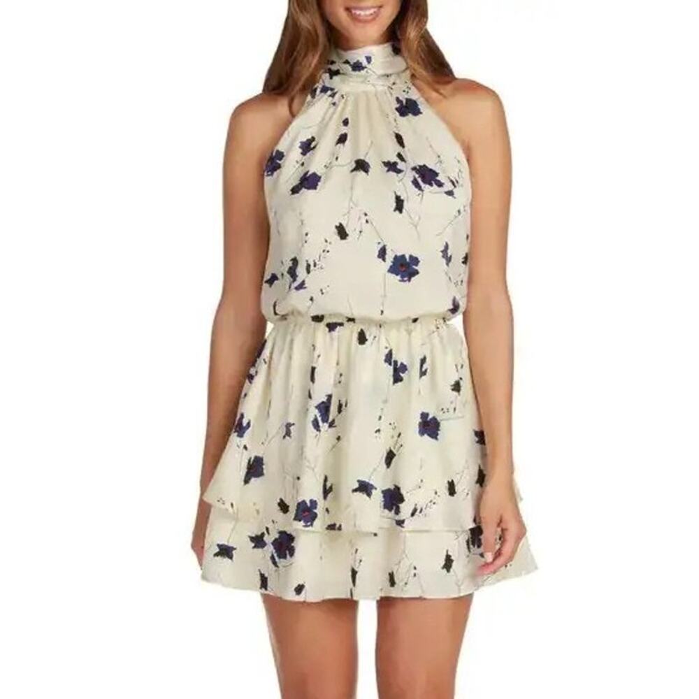 NWT Willow Ellie Halter Neck Tiered Mini Dress Small White Floral Party Resort